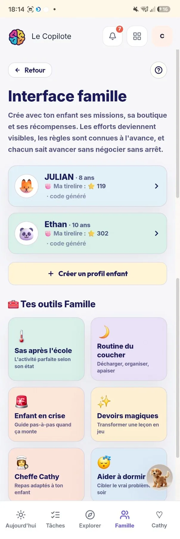 Interface famille du Copilote